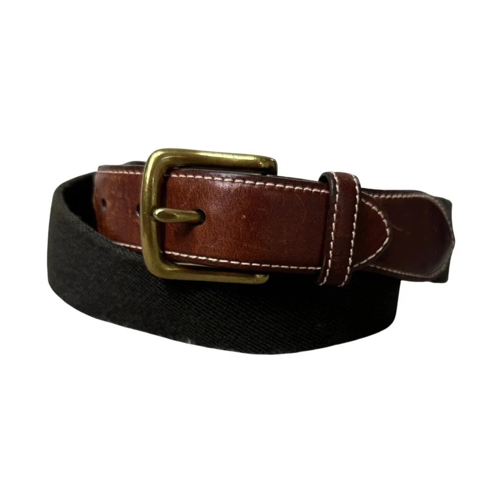 LL Bean Size 34 Woven Elastic Belt Brown Leather Brass Buckle Made in USA
